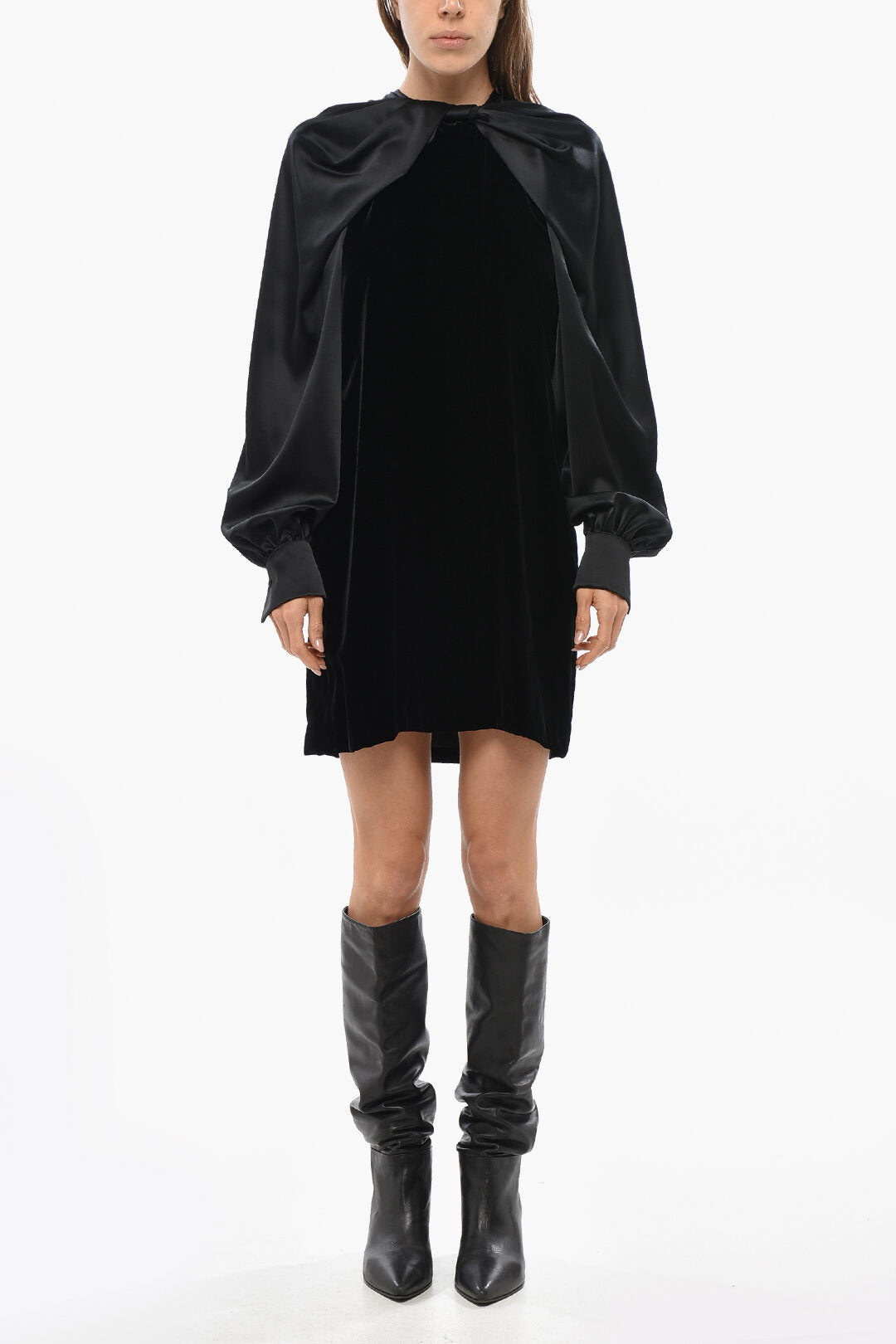 Max Mara 3500~Velour Dress ZARELLA with Satin Puff Sleeves