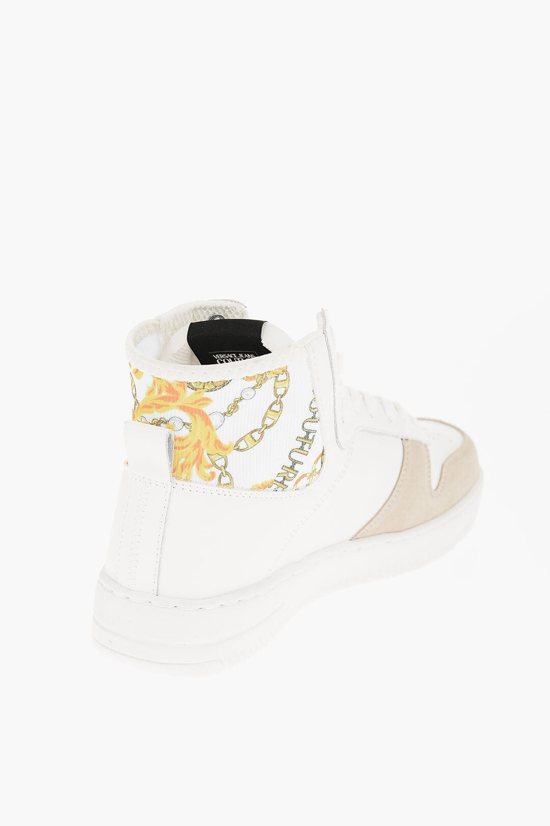 Versace 0405~JEANS COUTURE Leather and Fabric High-Top Sneakers MEYSSA with Baroque Motif Detail, view 2
