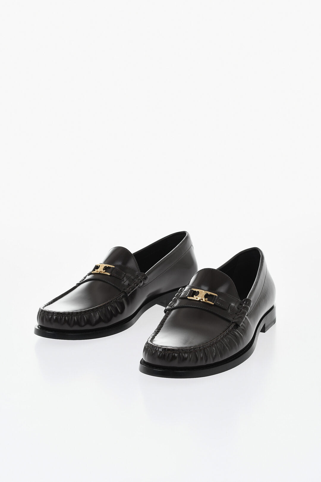 Celine 0405~Leather Loafers with Gold-Effect Monogram