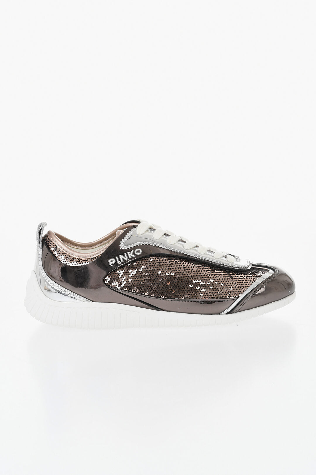 Pinko 0405~Sequined Low-Top Sneakers REBY with Mirrored Leather Trims