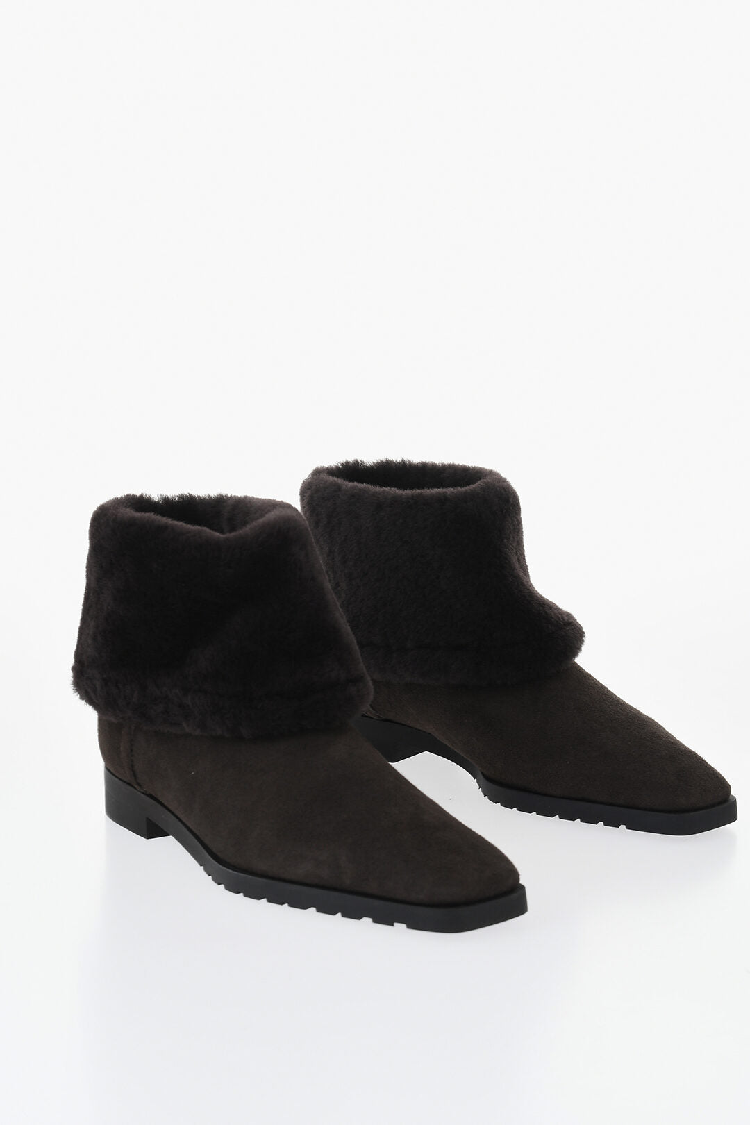 Toteme 0405~Suede Ankle Boots With Shearling Trim And Square Toe