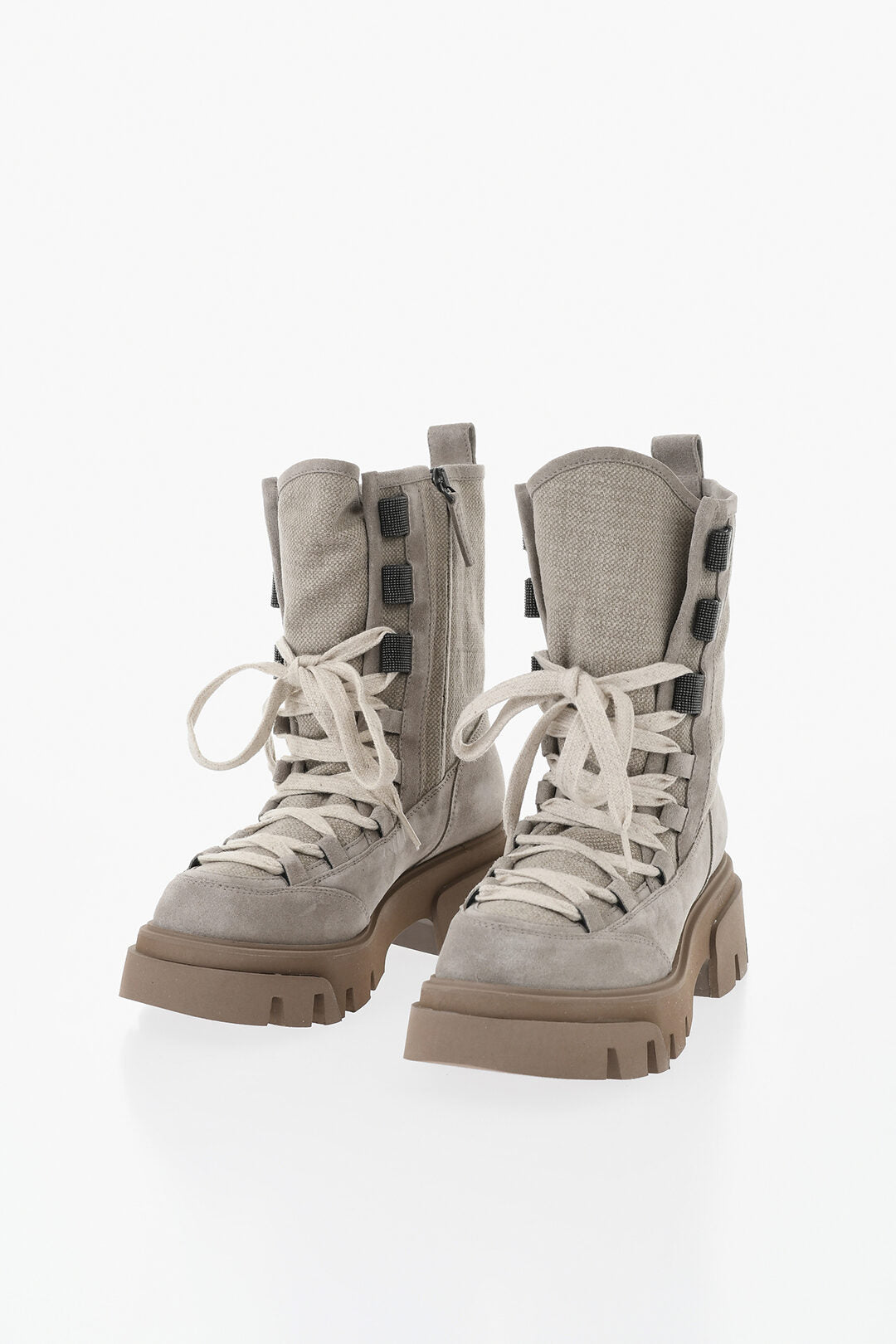 Brunello Cucinelli 0470~Suede and Fabric Combat Boots with Rhinestones and Track Sole