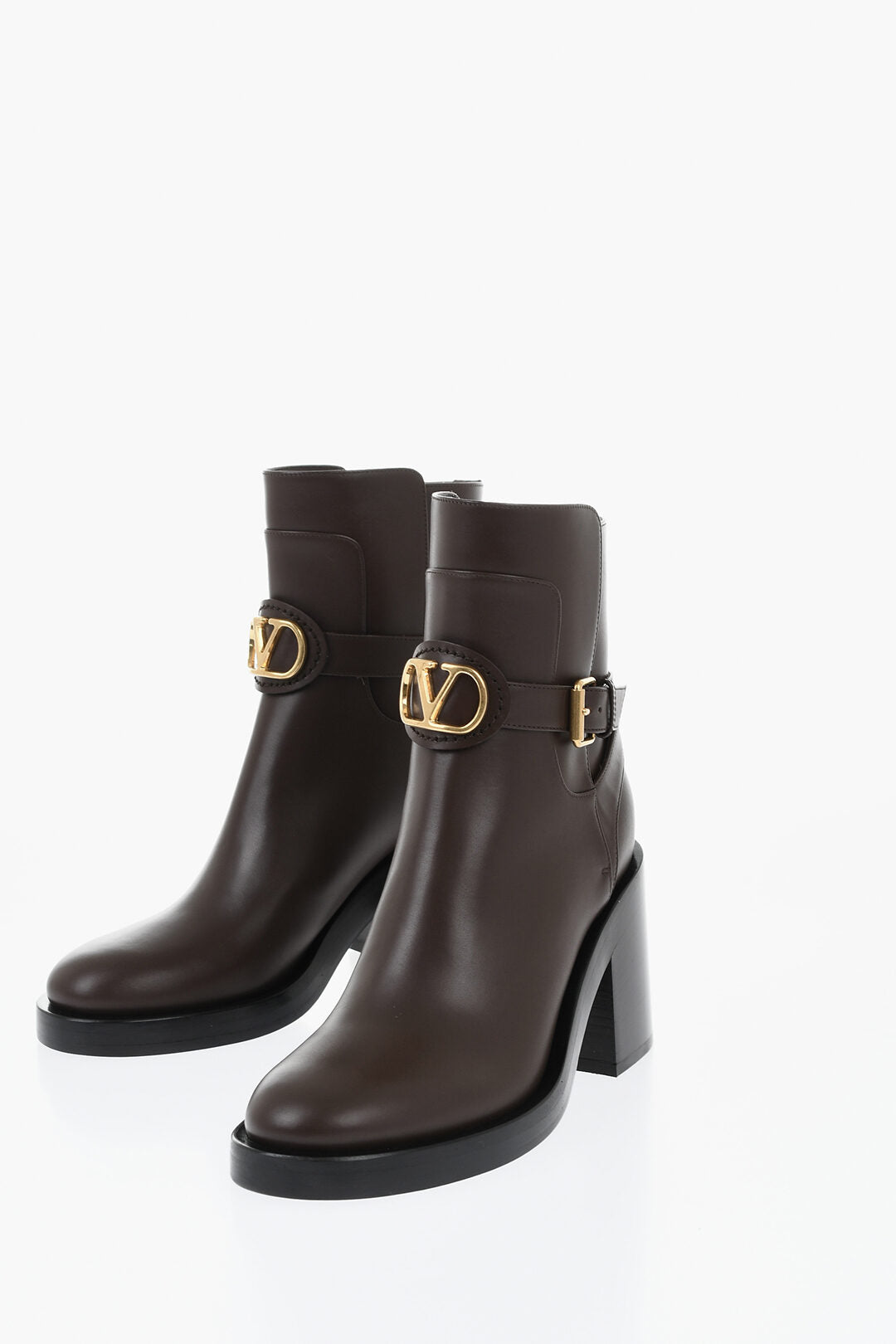 Valentino 0900~Leather Ankle Boots With Logo Ankle Strap 9cm Heel