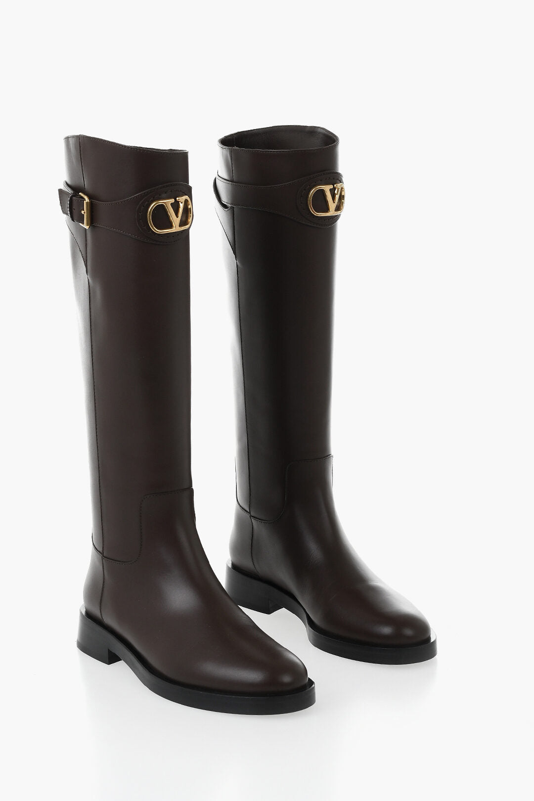 Valentino 0900~Leather Knee-High Boots With Logo Strap