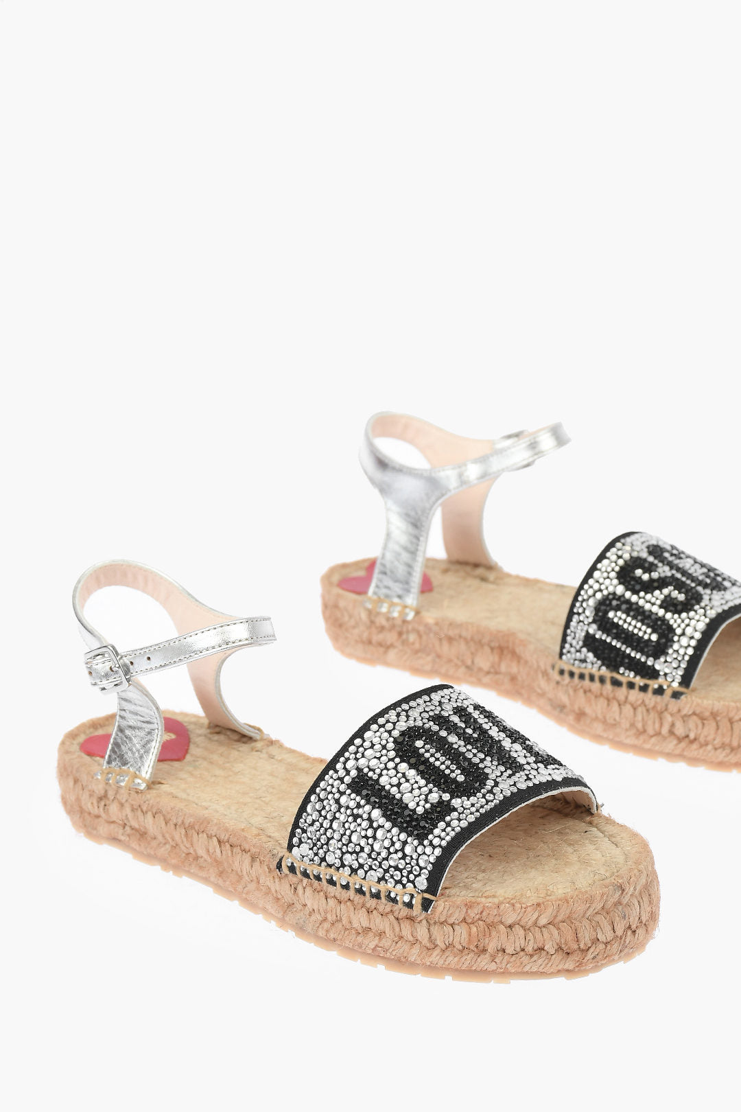 Moschino 1050~LOVE Laminated Leather Ankle-Strap Sandals with Rhinestone Logo 3cm