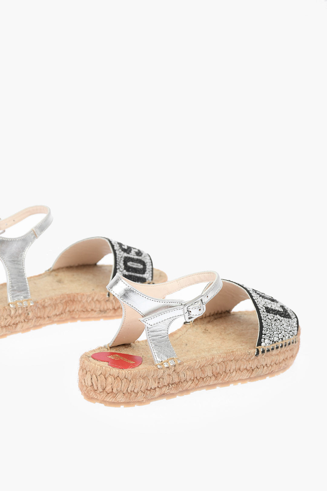 Moschino 1050~LOVE Laminated Leather Ankle-Strap Sandals with Rhinestone Logo 3cm, view 2
