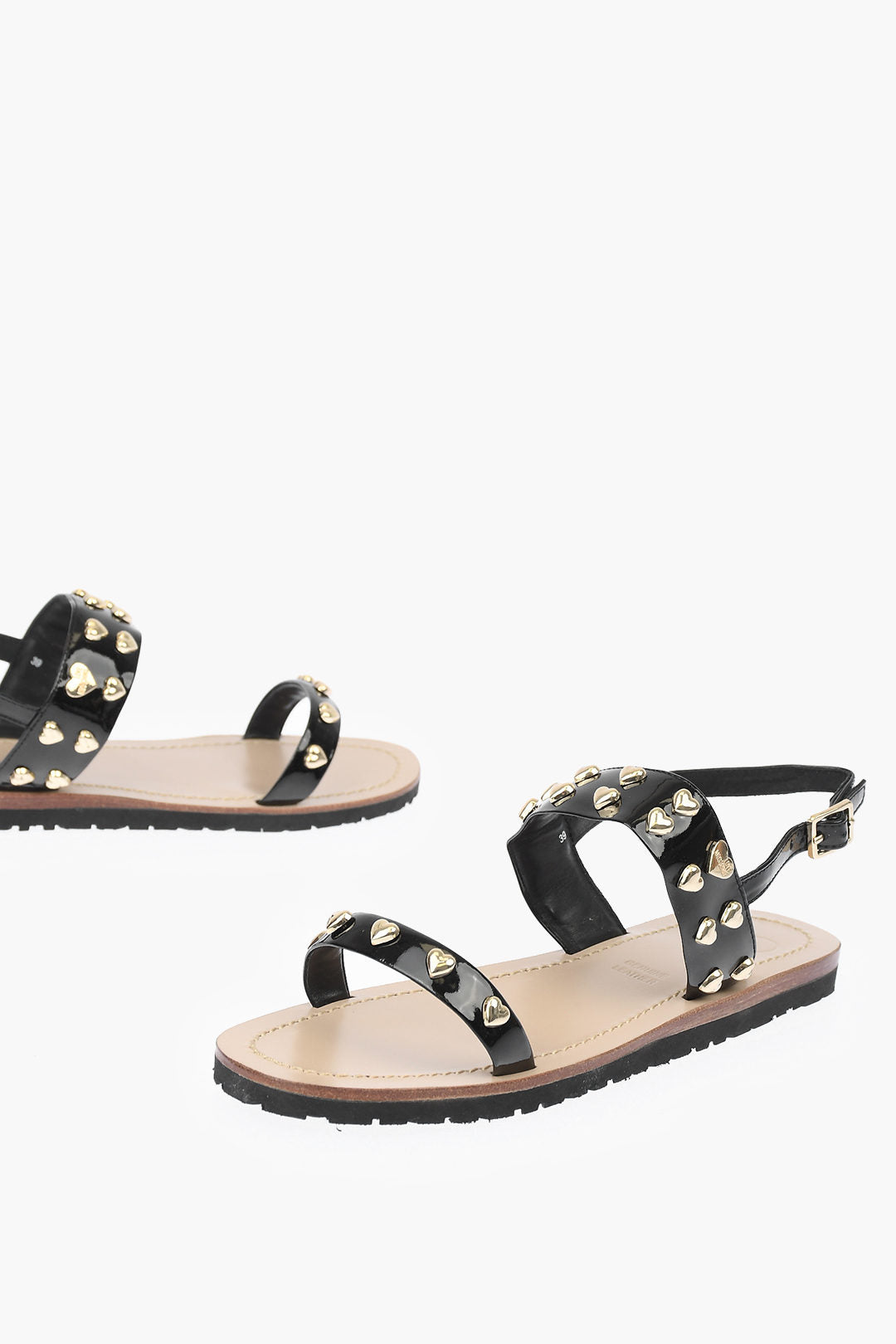 Moschino 1300~LOVE Patent Leather Flat Sandals with Heart Studs