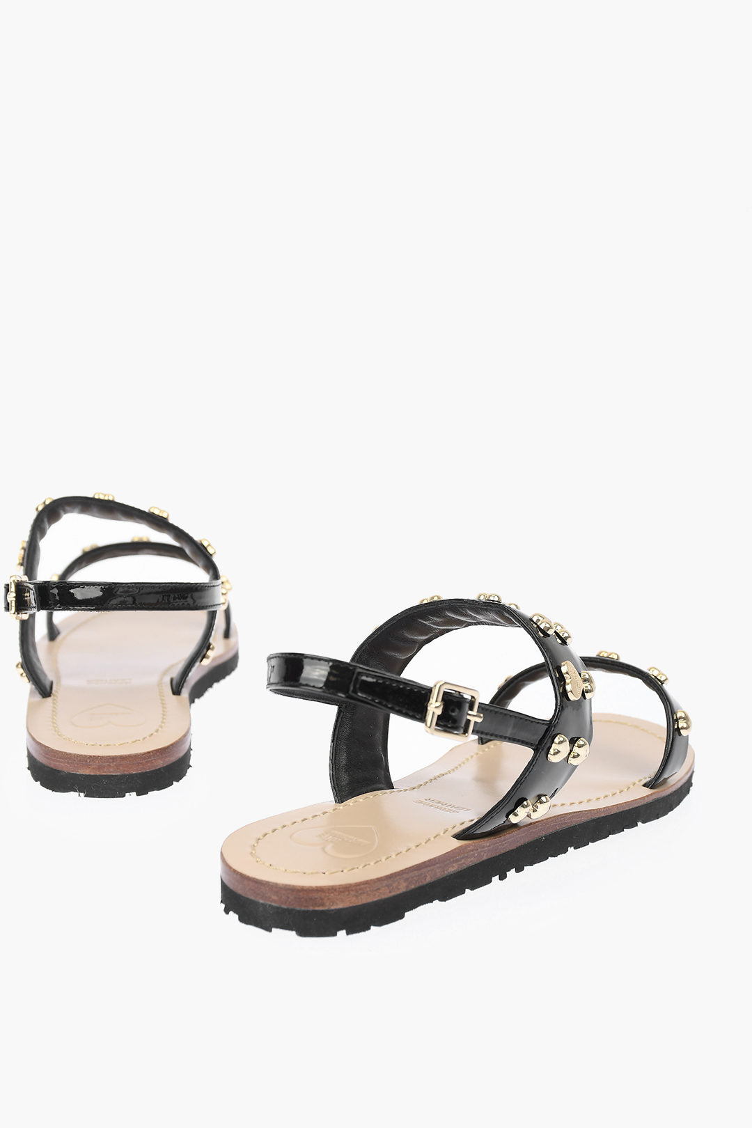 Moschino 1300~LOVE Patent Leather Flat Sandals with Heart Studs, view 2