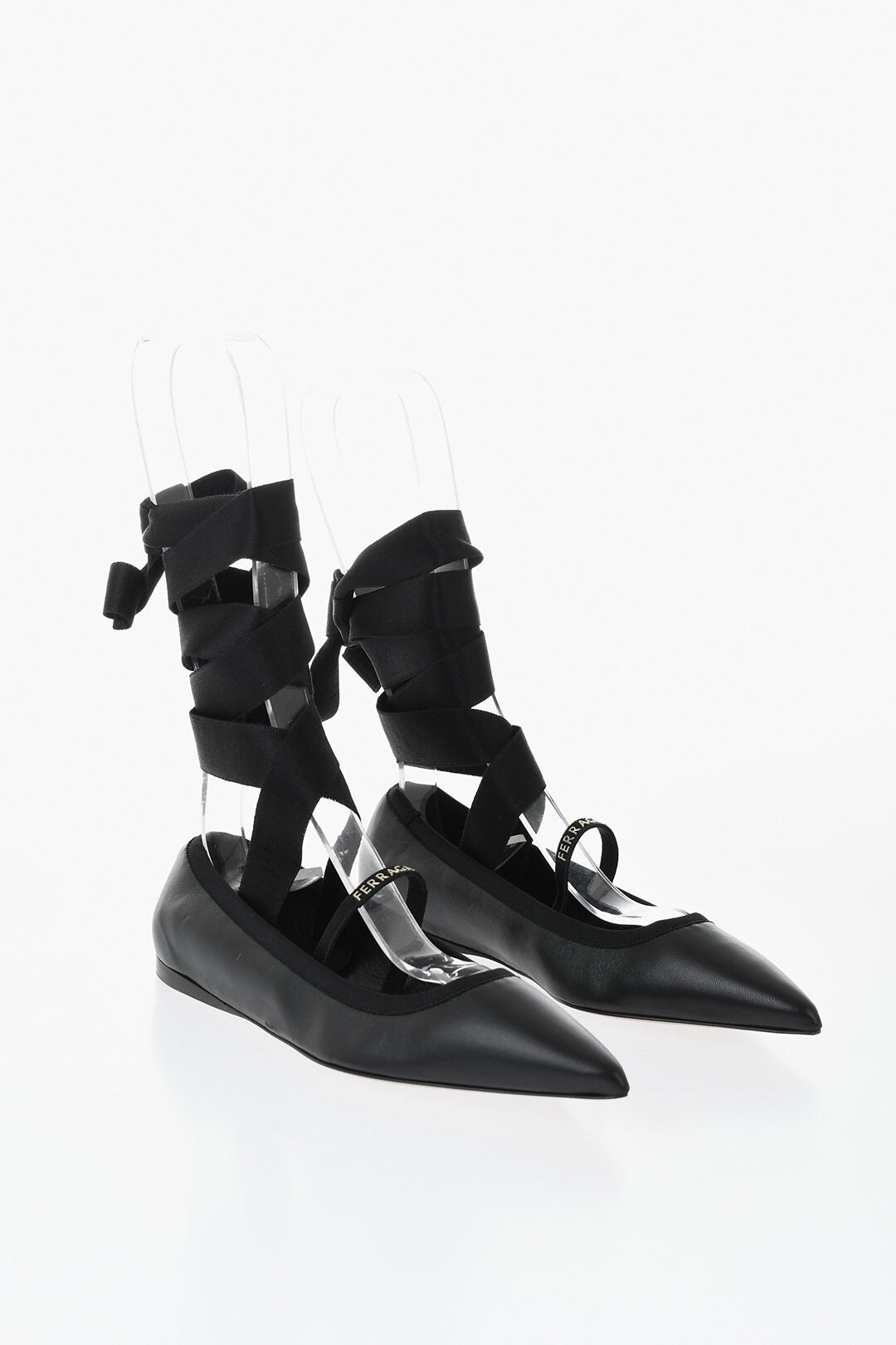 Ferragamo 1500~BALLERINA BY FERRAGAMO Lace-Up Ballet Flats CARICE In Leather With Pointed Toe And Logo Strap