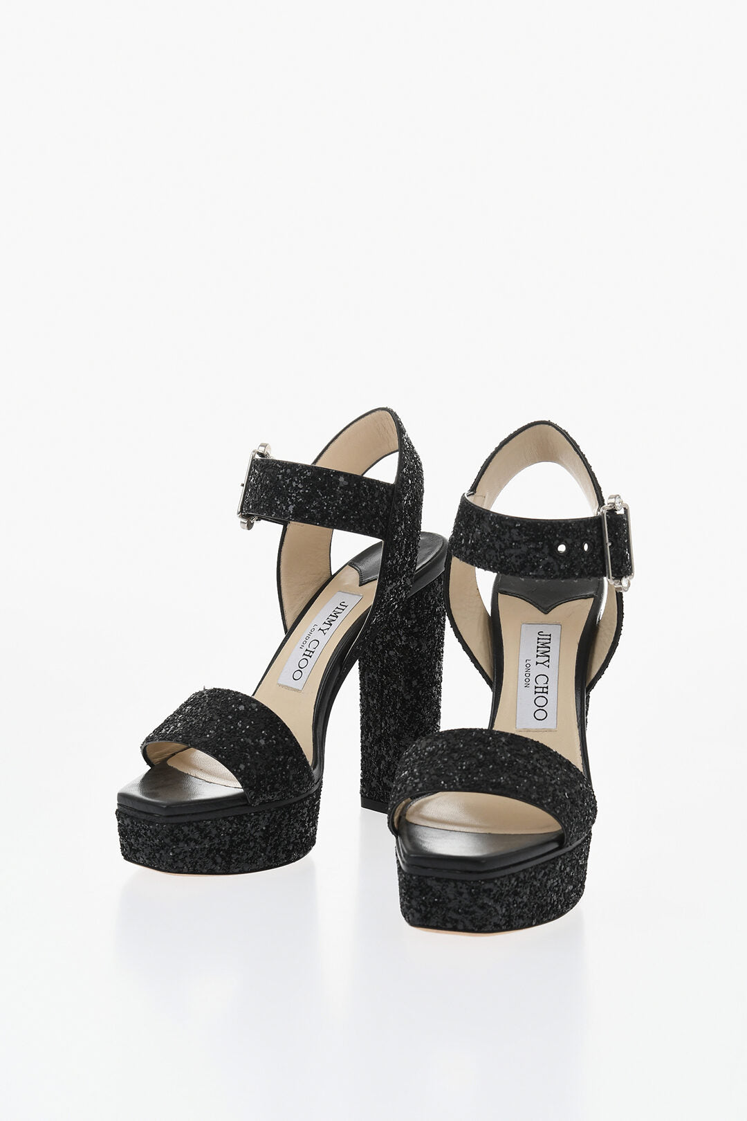 Jimmy Choo 1500~Glitter Leather Ankle-Strap Sandals with Chunky 13cm Heel