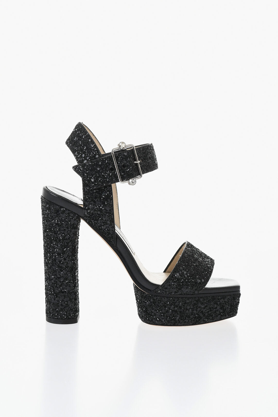 Jimmy Choo 1500~Glitter Leather Ankle-Strap Sandals with Chunky 13cm Heel, view 2