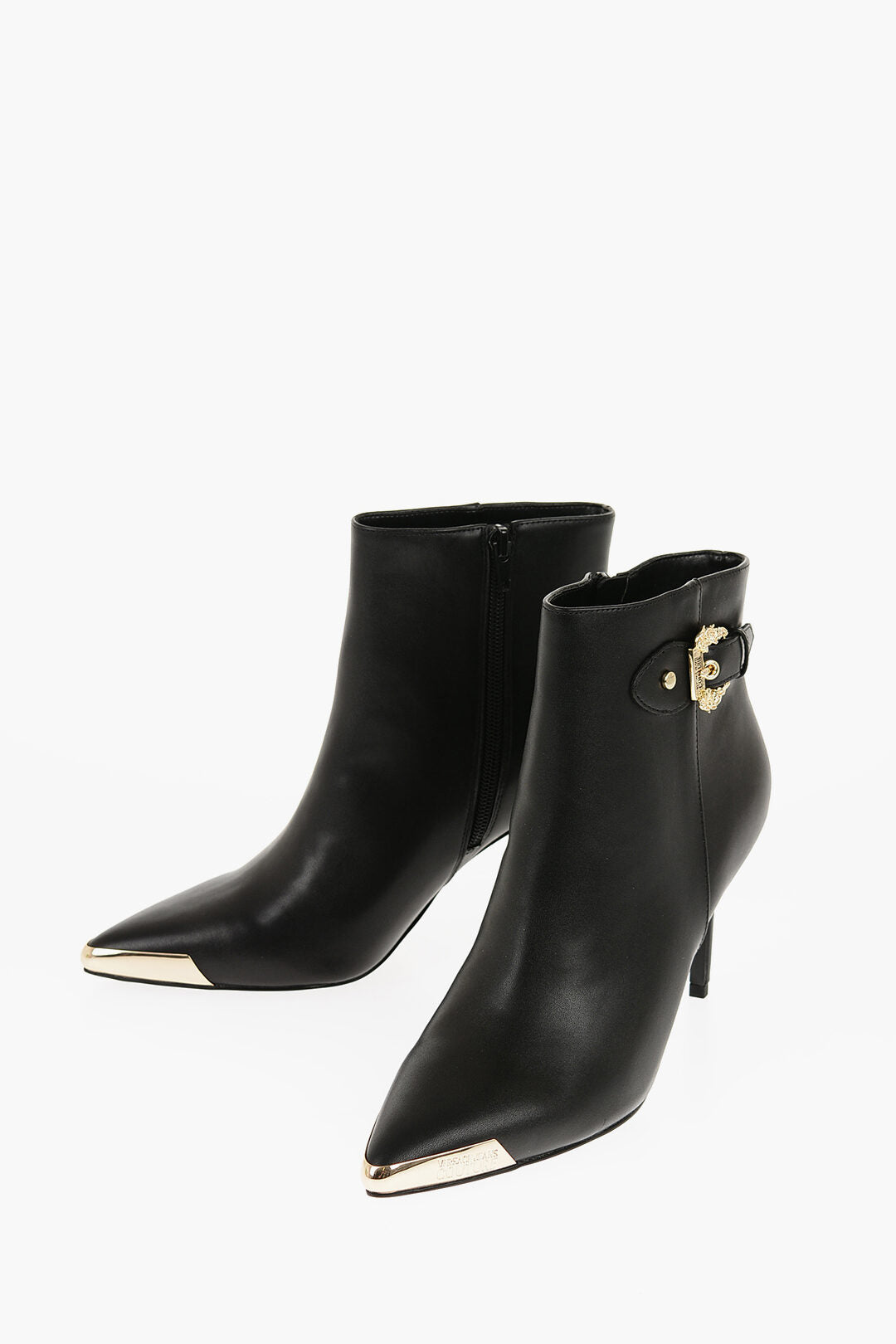 Versace 1500~JEANS COUTURE Faux Leather Ankle Booties SCARLETT with Side Zip and Gold Detail 9cm Heel