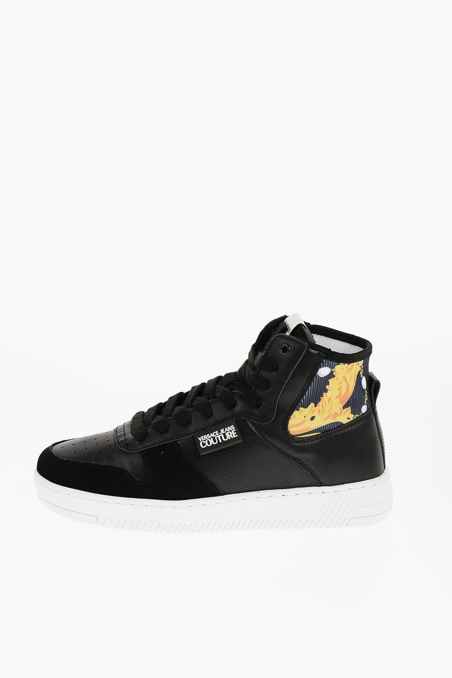Versace 1500~JEANS COUTURE Leather and Fabric High-Top Sneakers MEYSSA with Baroque Motif Detail, view 3