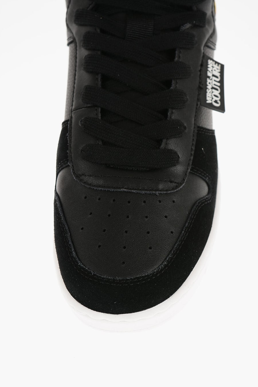 Versace 1500~JEANS COUTURE Leather and Fabric High-Top Sneakers MEYSSA with Baroque Motif Detail, view 4