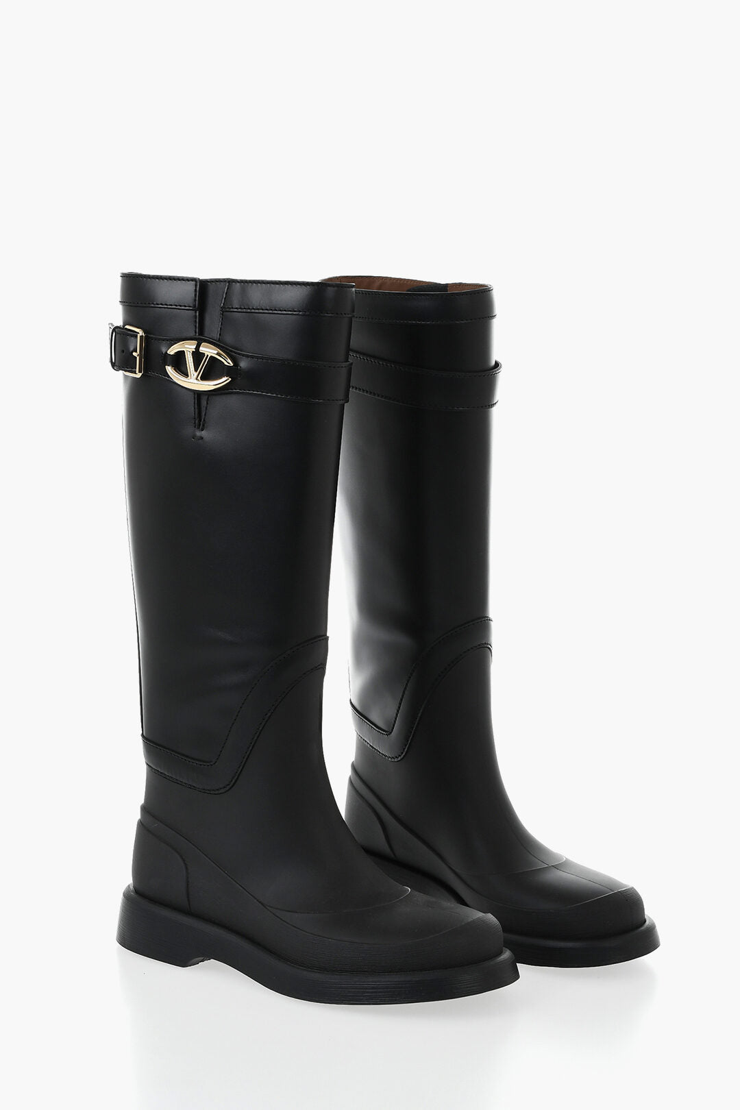 Valentino 1500~Leather and rubber boots with logo strap