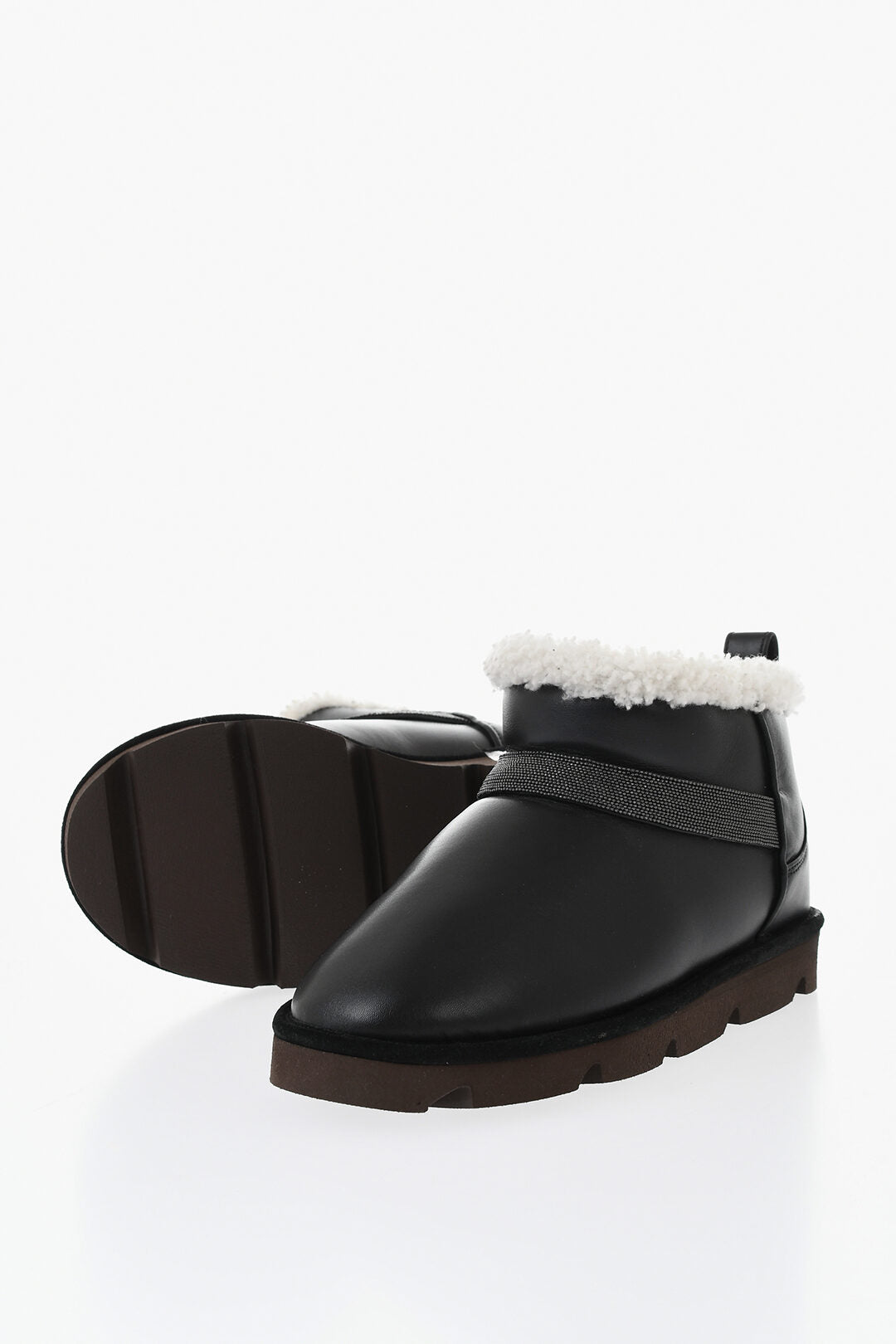 Brunello Cucinelli 1500~Leather Ankle Boots With Fur Lining And Rhinestones
