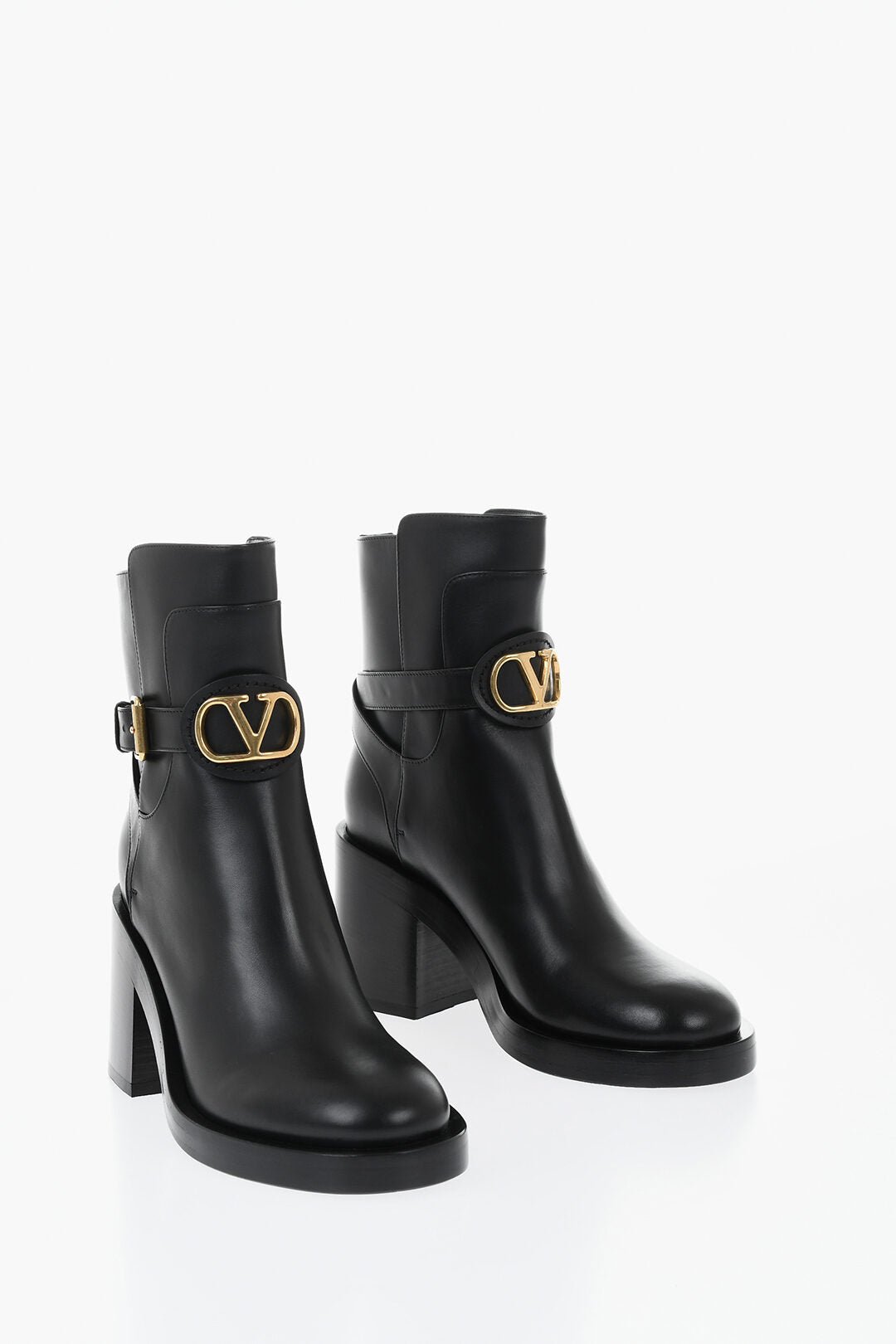 Valentino 1500~Leather Ankle Boots With Logo Ankle Strap 9cm Heel
