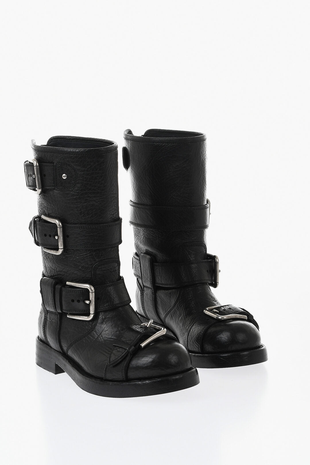 Dolce & Gabbana 1500~Leather Biker Ankle Boots with Silver Buckles and Vibram Sole