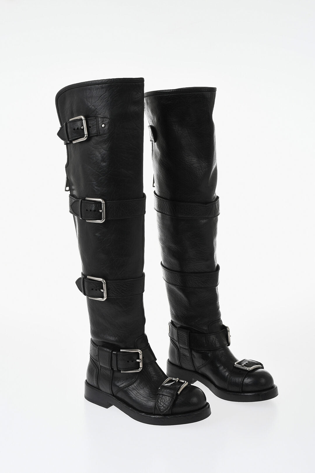 Dolce & Gabbana 1500~Leather Biker Boots with Silver Buckles