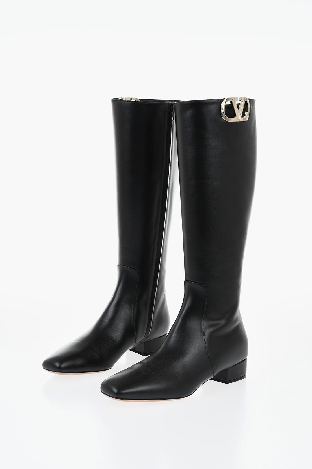 Valentino 1500~Leather Knee-High Boots With Monogram Detail 3cm Heel