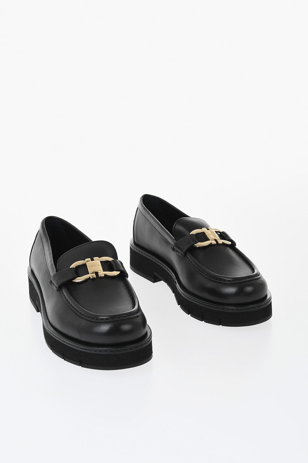 Ferragamo 1500~Leather Loafers MARYAN LUG With Gold Gancini Detail