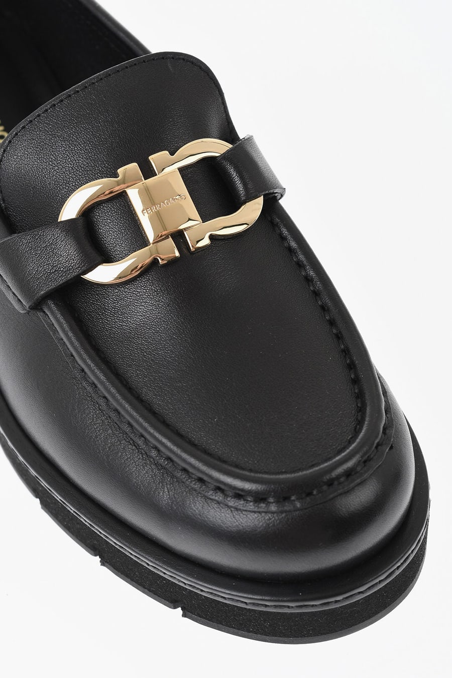 Ferragamo 0003~Leather Loafers MARYAN LUG With Gold Gancini Detail, view 4