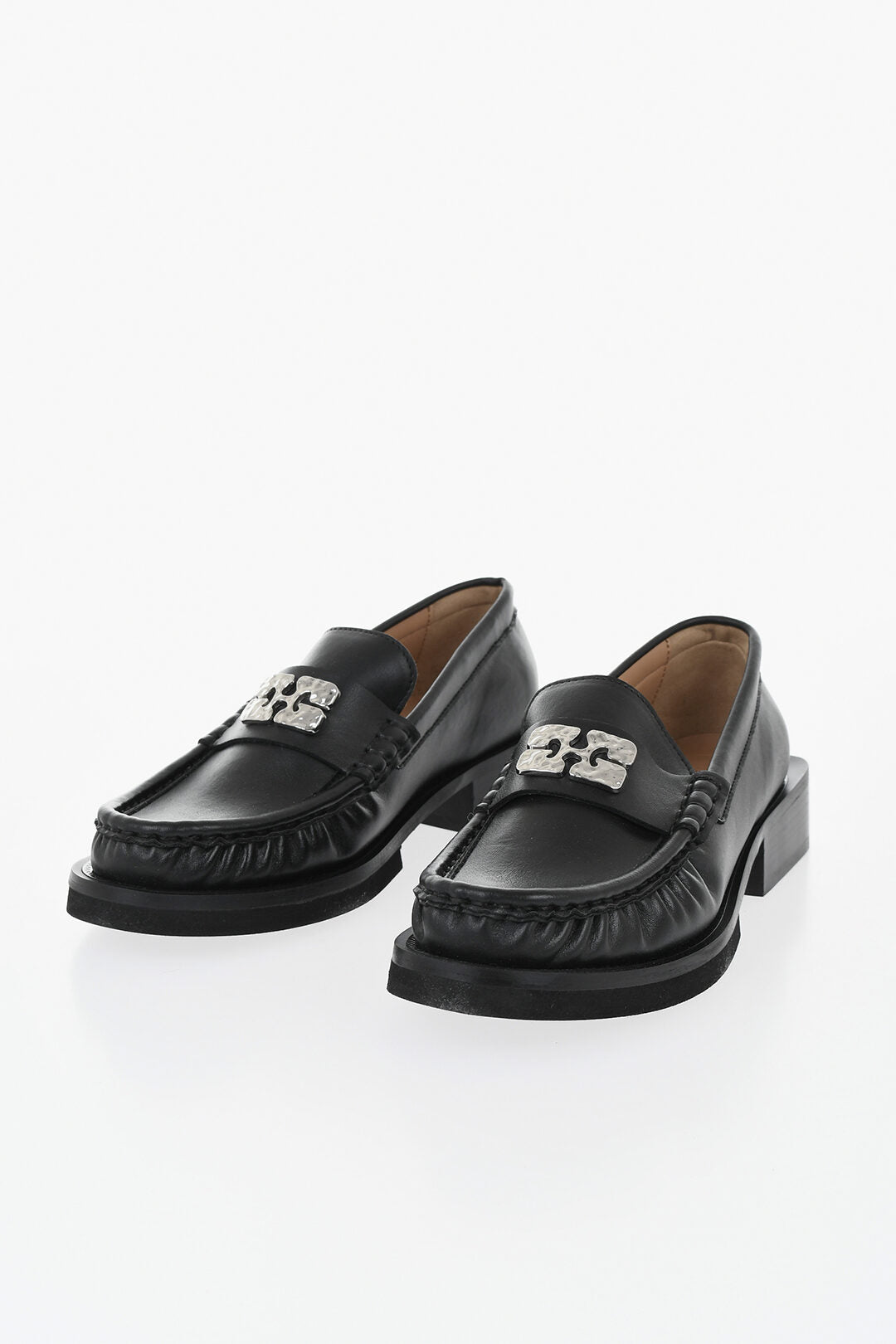 Ganni 1500~Leather Loafers With Silver Detail And 3.5cm Block Heel