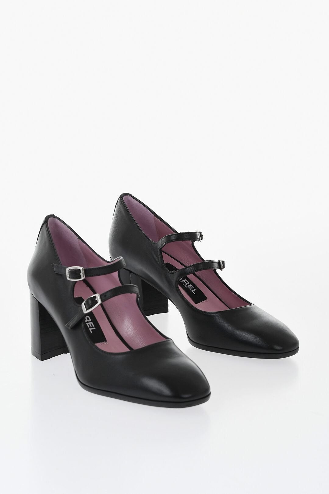Carel Paris 1500~Leather Mary Jane Pumps ALICE 22 with Double Silver Buckle 7cm Heel