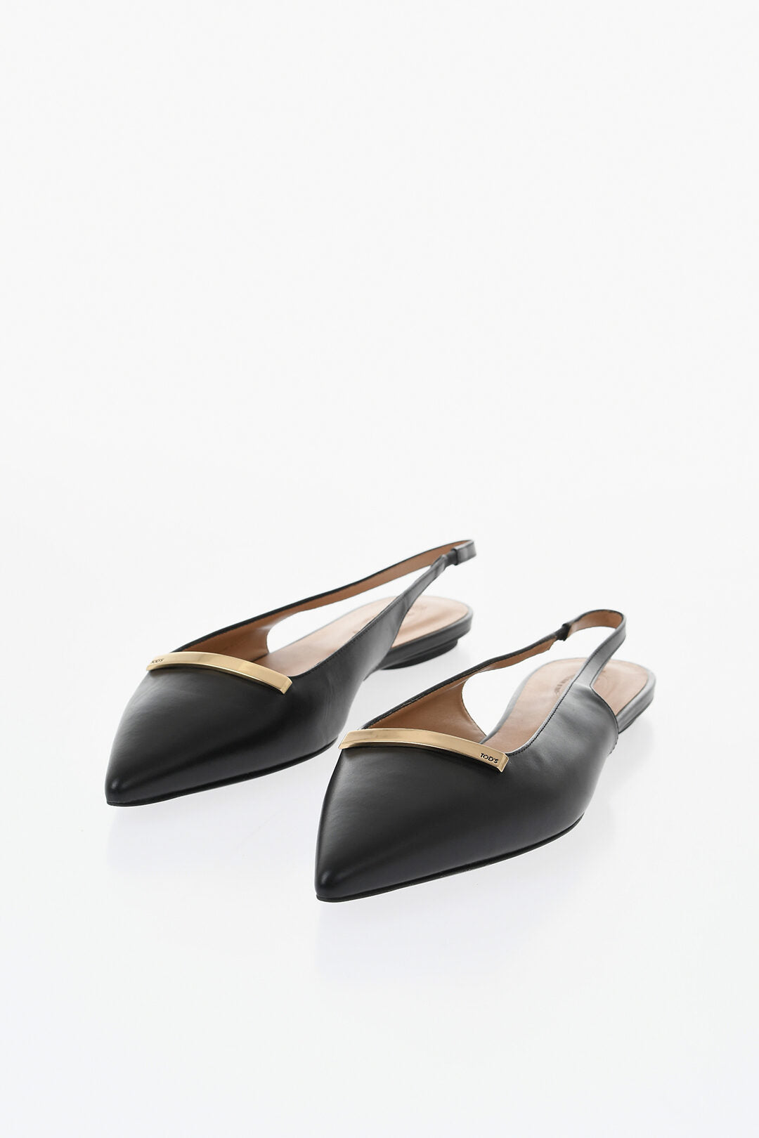 Tod's 1500~Leather Pointed-Toe Slingback Ballet Flats With Gold Detail