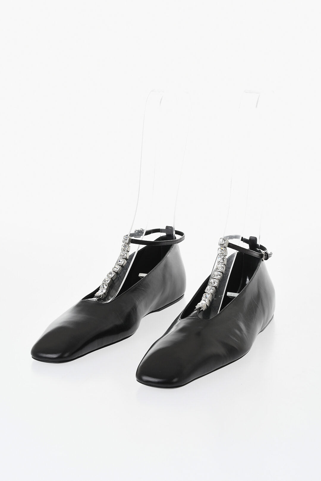 Jil Sander 1500~Leather T-Strap Ballet Flats With Pointed Toe And Jewels