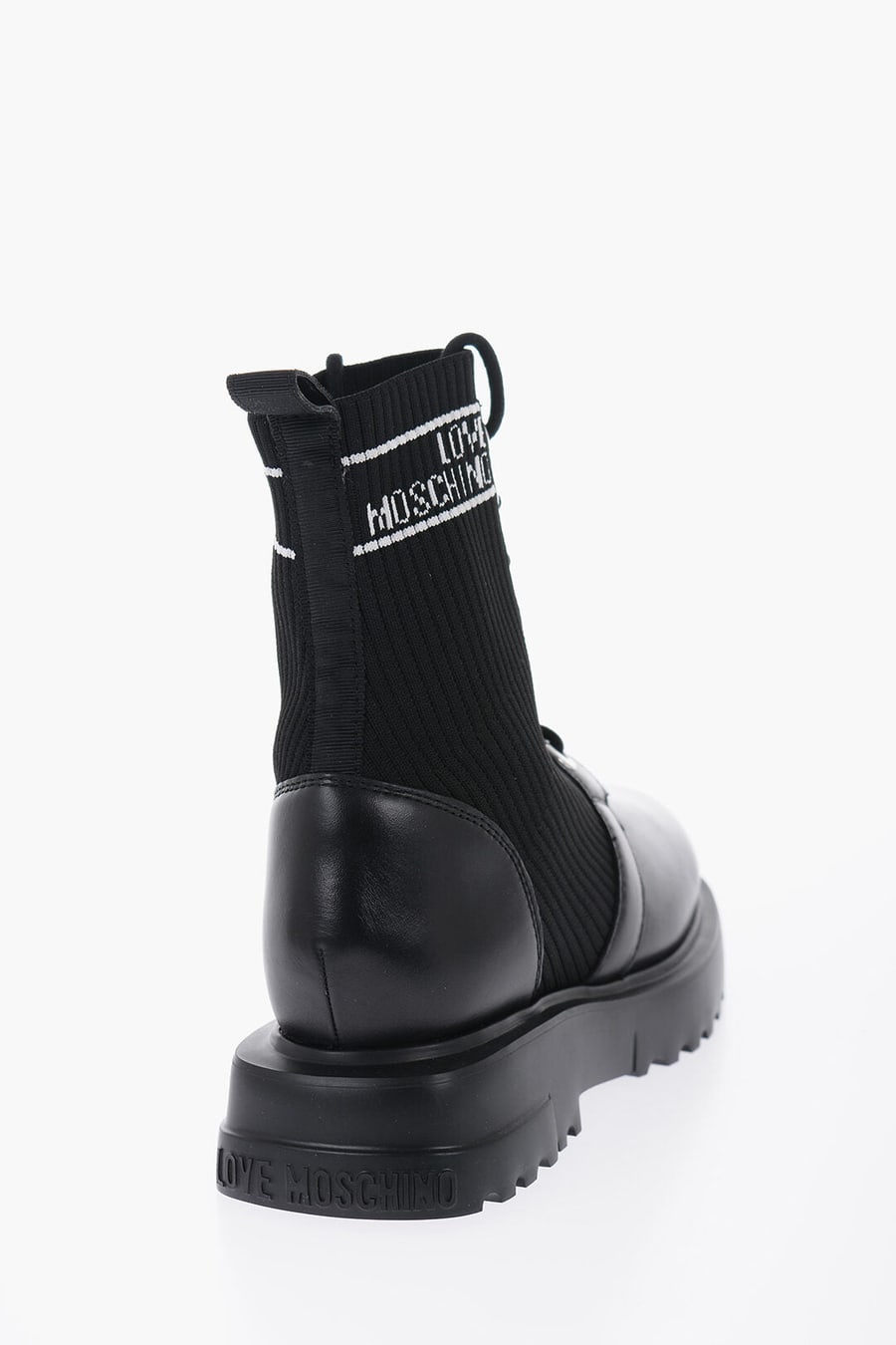 Moschino 1500~LOVE Leather and Fabric Combat Boots with Contrasting Details, view 2