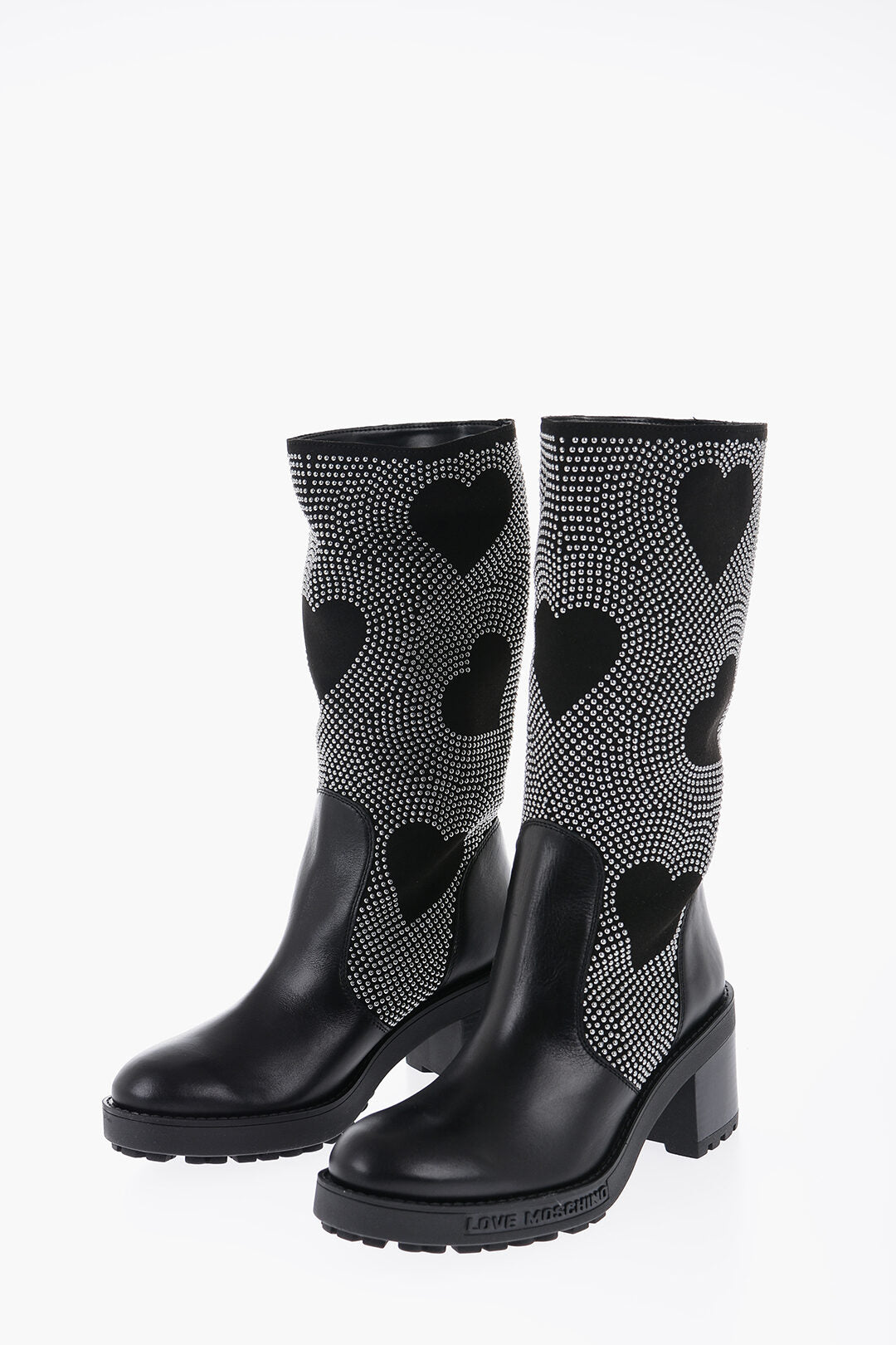 Moschino 1500~LOVE Tall Studded Boots with Leather Details 8cm