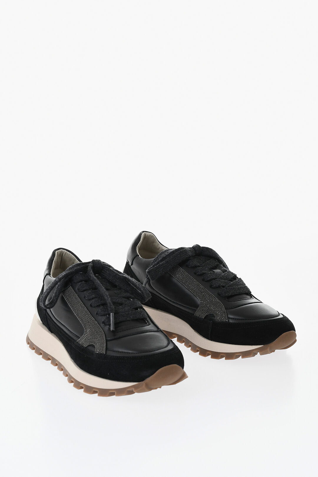Brunello Cucinelli 1500~Low-Top Suede And Leather Sneakers With Rhinestones And Contrasting Sole