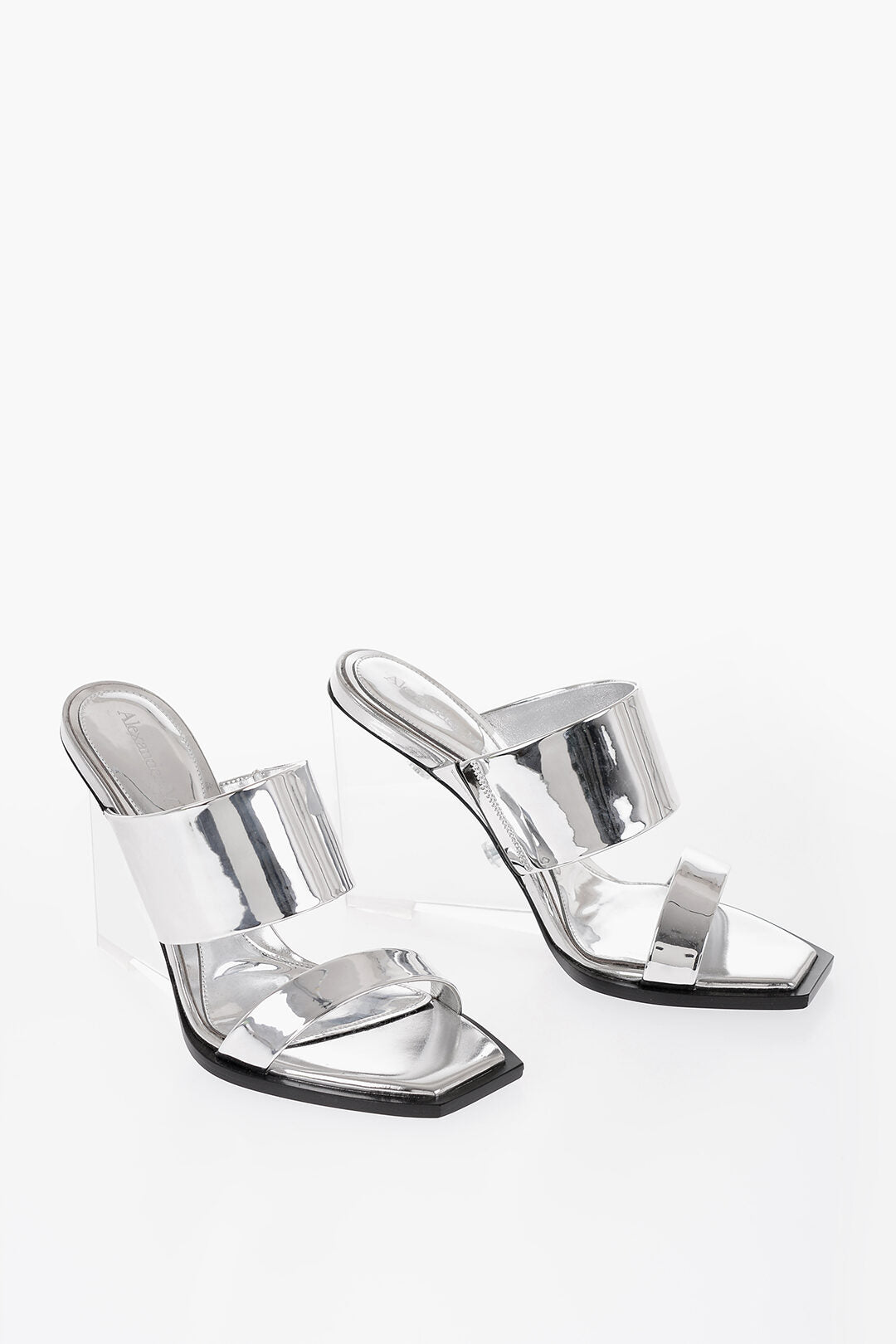 Alexander McQueen 3050~Metallic Effect Sandals With 10 cm Transparent Wedge