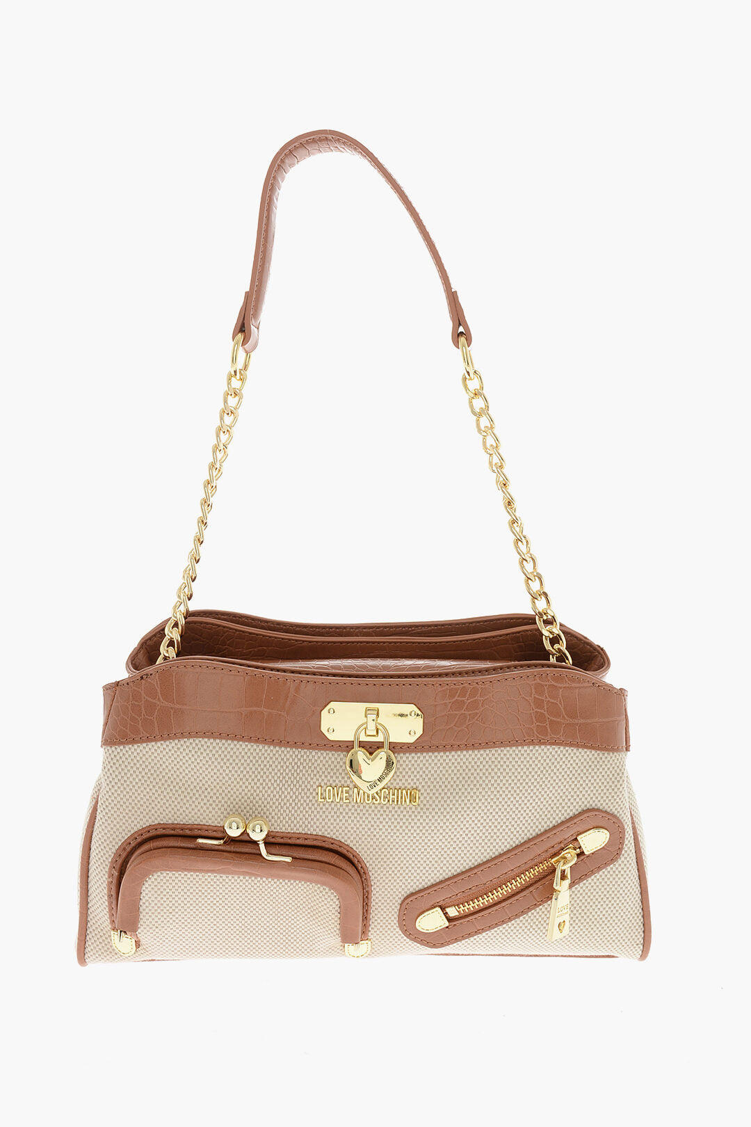 Moschino 0405~LOVE Woven Fabric Handle Bag with Crocodile-Effect Faux Leather Trimmings