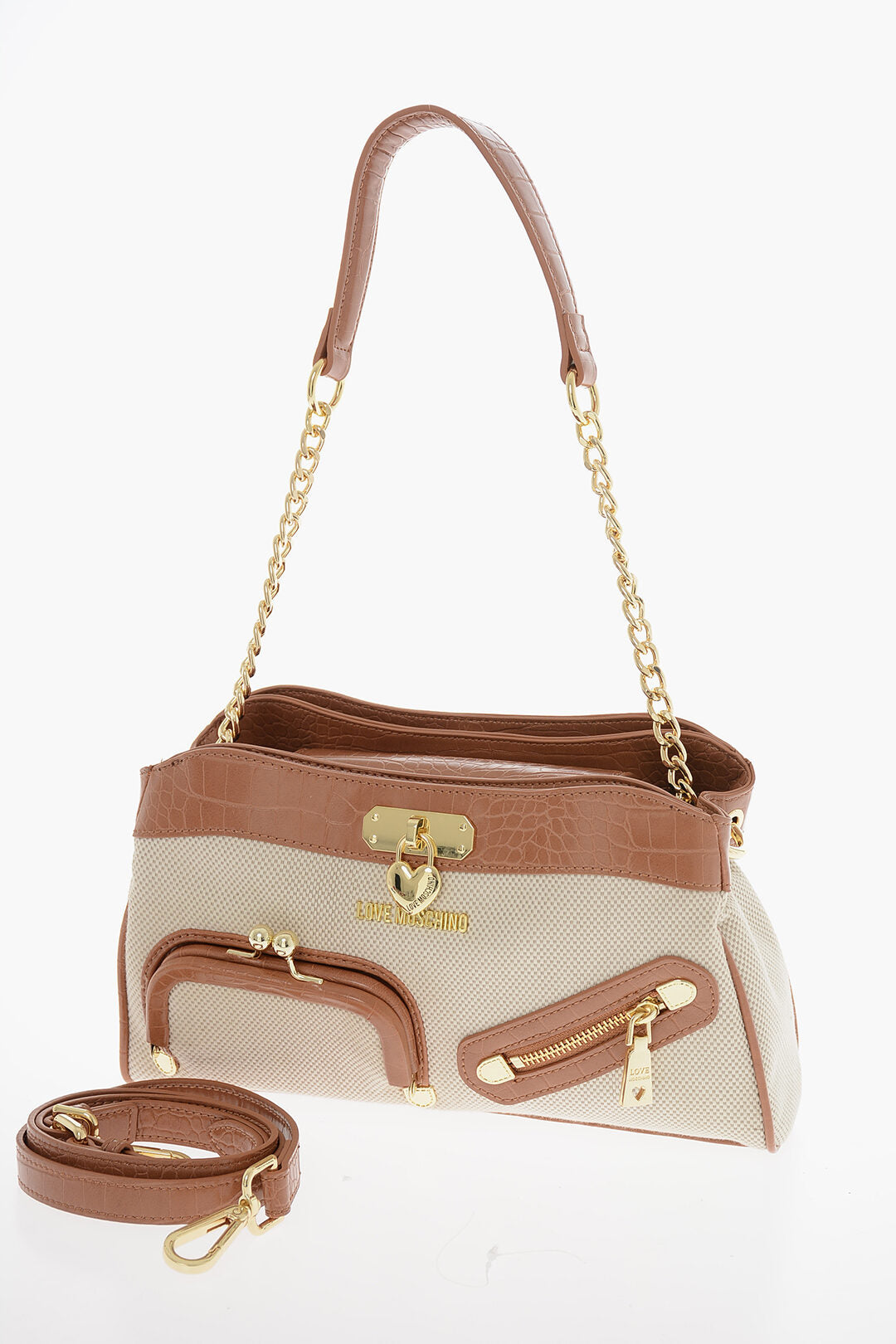Moschino 0405~LOVE Woven Fabric Handle Bag with Crocodile-Effect Faux Leather Trimmings, view 2
