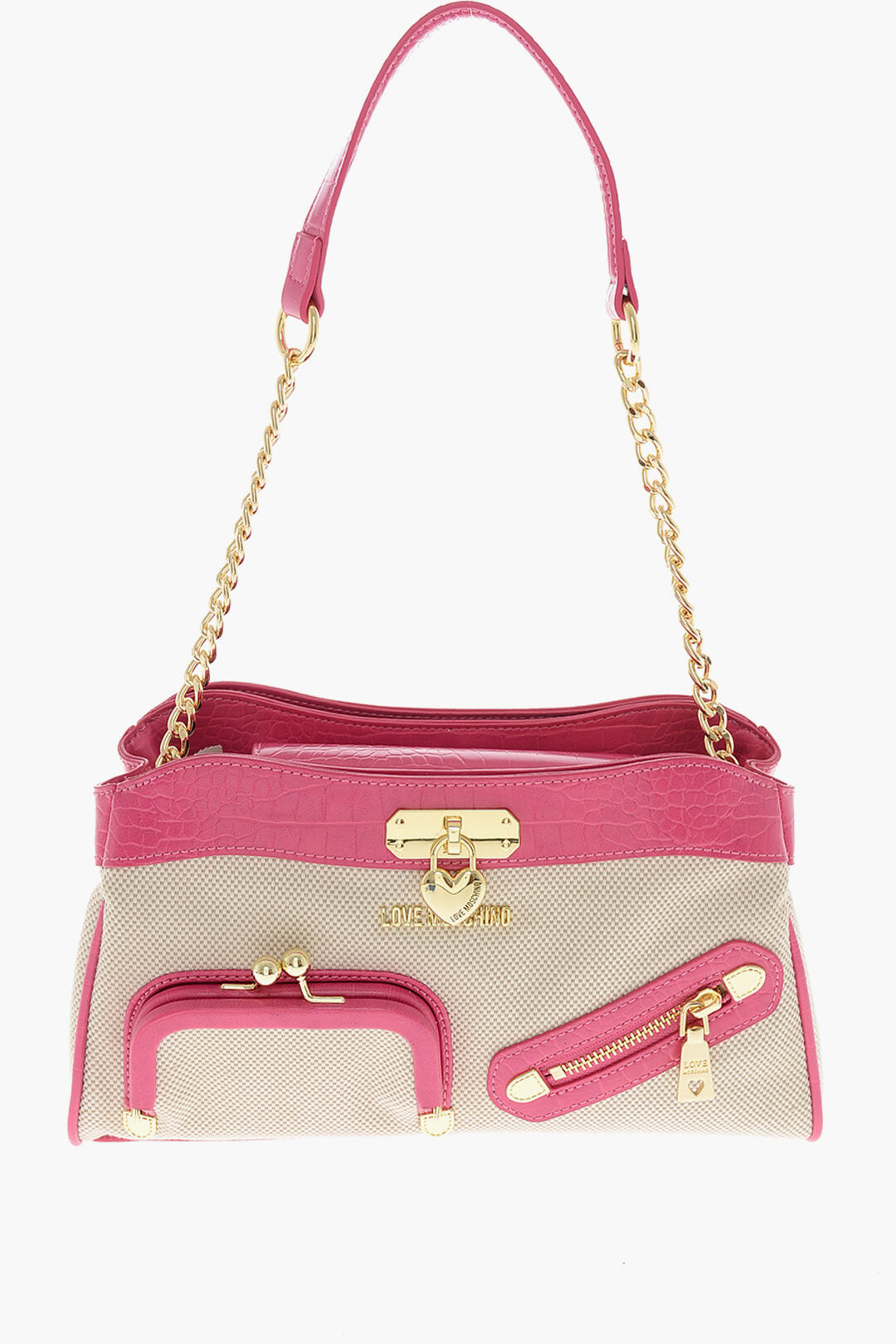 Moschino 1050~LOVE Fabric Shoulder Bag with Crocodile-Effect Faux Leather Trimmings