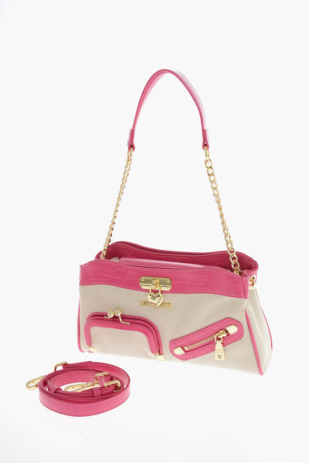 Moschino 1050~LOVE Fabric Shoulder Bag with Crocodile-Effect Faux Leather Trimmings, view 2
