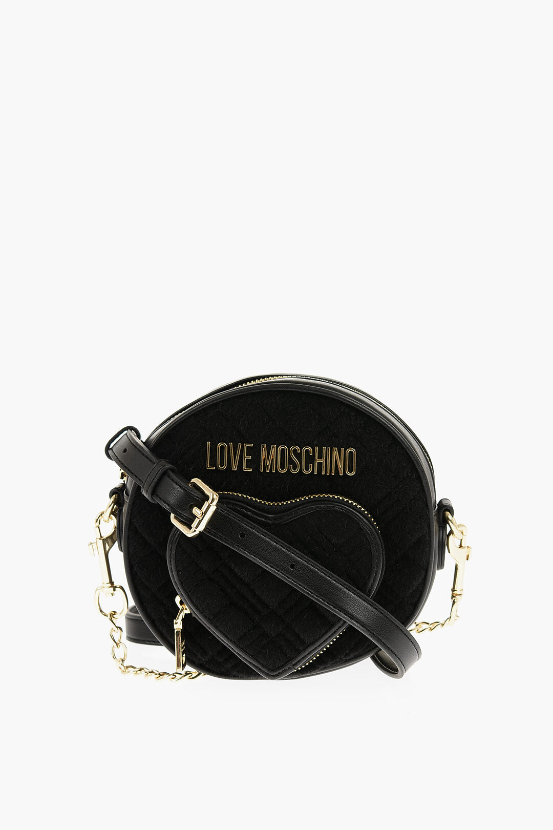 Moschino 1500~LOVE Faux Leather and Fabric Round Crossbody Bag with Heart-Shaped Pocket