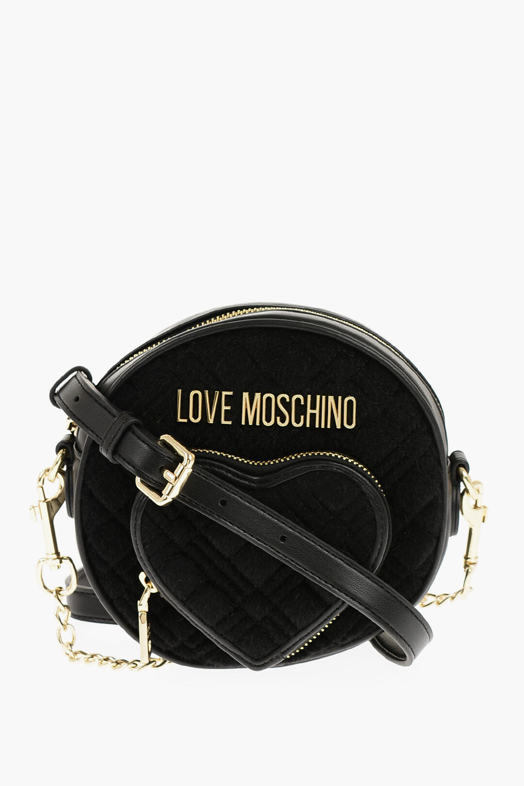 Moschino 1500~LOVE Faux Leather and Fabric Round Crossbody Bag with Heart-Shaped Pocket, view 2