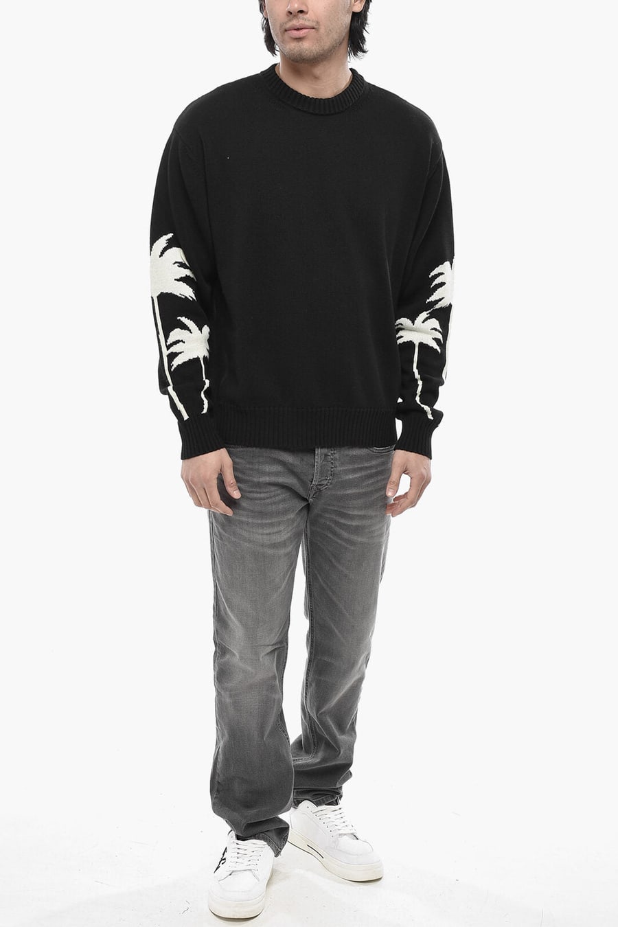 Palm Angels 0115~Cotton-Blend Crewneck Sweater PALMS With Jacquard Details, view 4