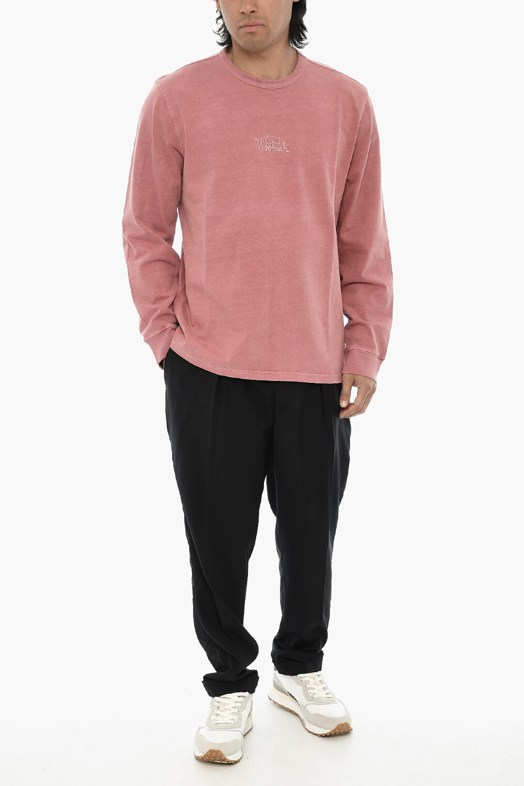 Woolrich 0135~Long-Sleeve Delavé Crewneck T-Shirt with Embroidered Logo, view 2