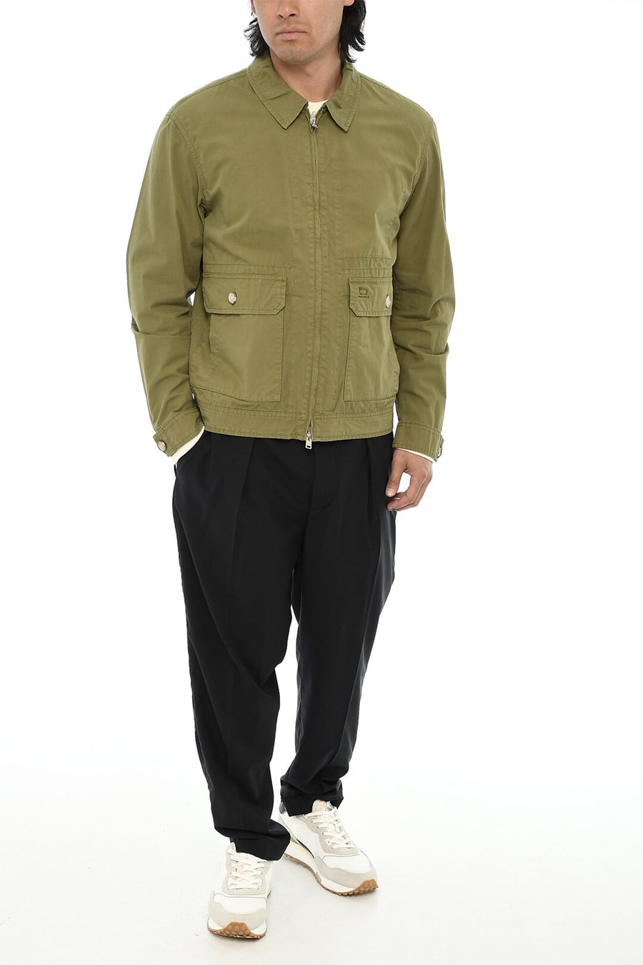 Woolrich 0135~Solid Cotton Overshirt With Zip Closure