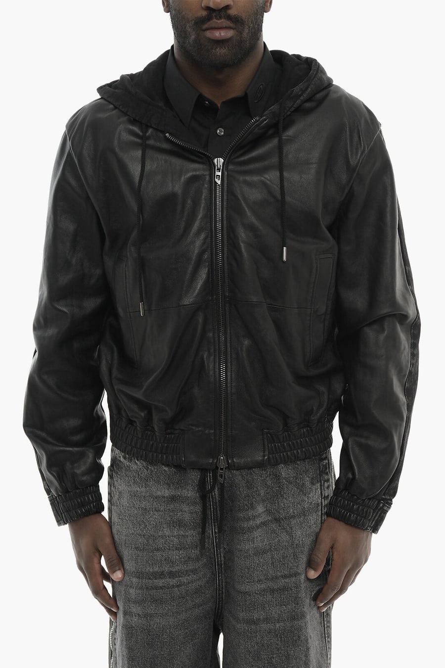 Diesel 0140~Leather And Denim Jacket L-OCHS With Hood