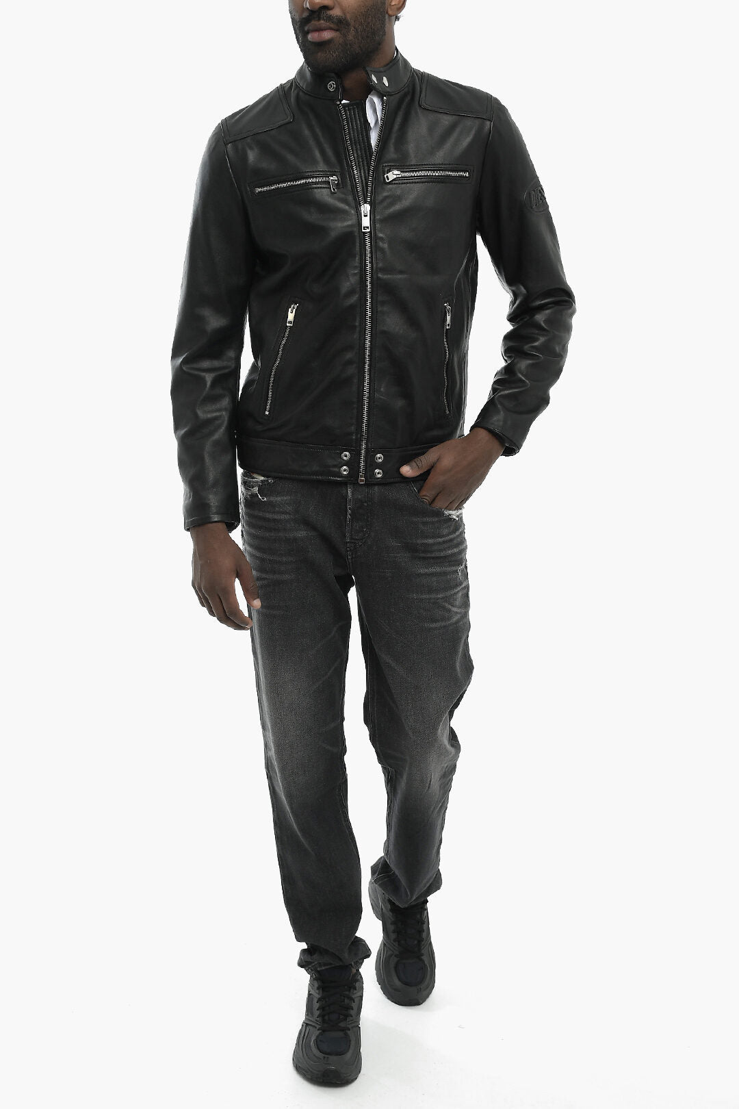 Diesel 0140~Leather Jacket L-BOY-R-NEW with Embossed Logo