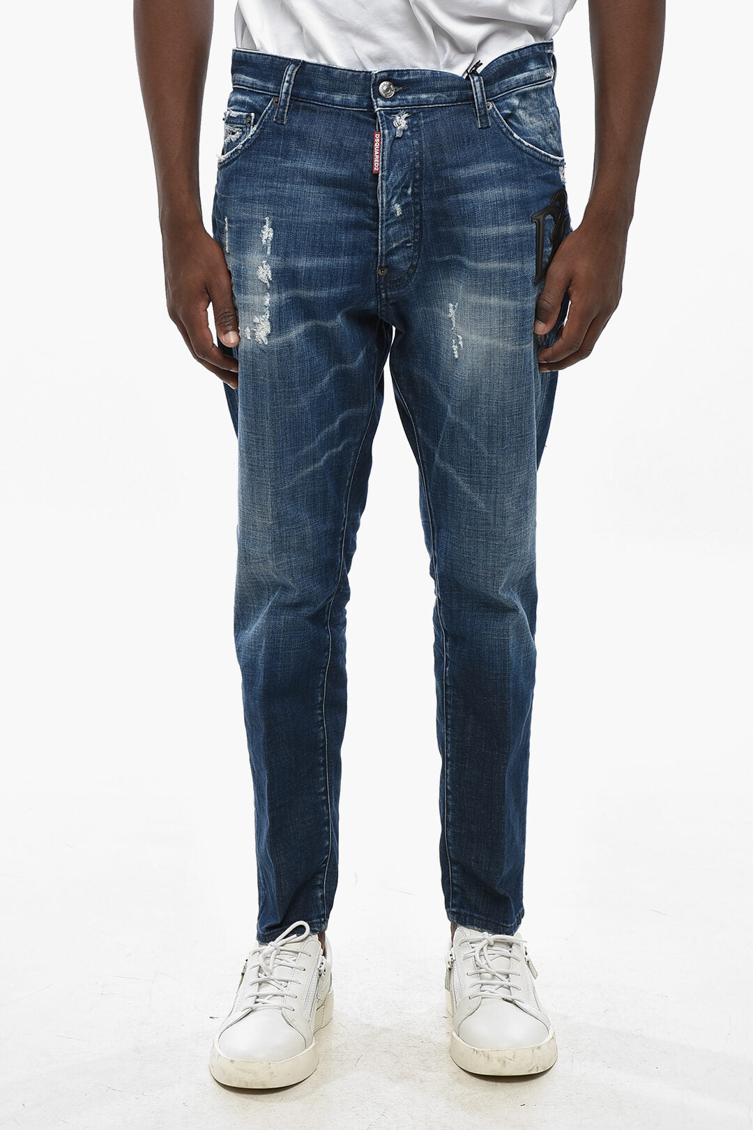 Dsquared2 0180~Delavé Wash Denim Jeans Relaxed Fit with Rips 17cm