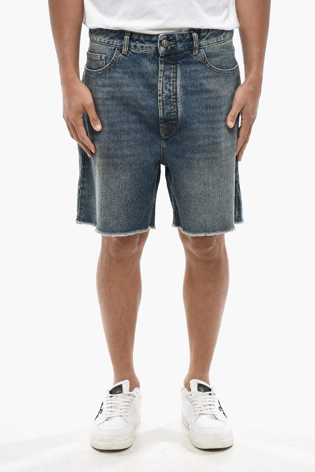 Palm Angels 0201~Denim Shorts with Frayed Hem and Curved Logo on Back