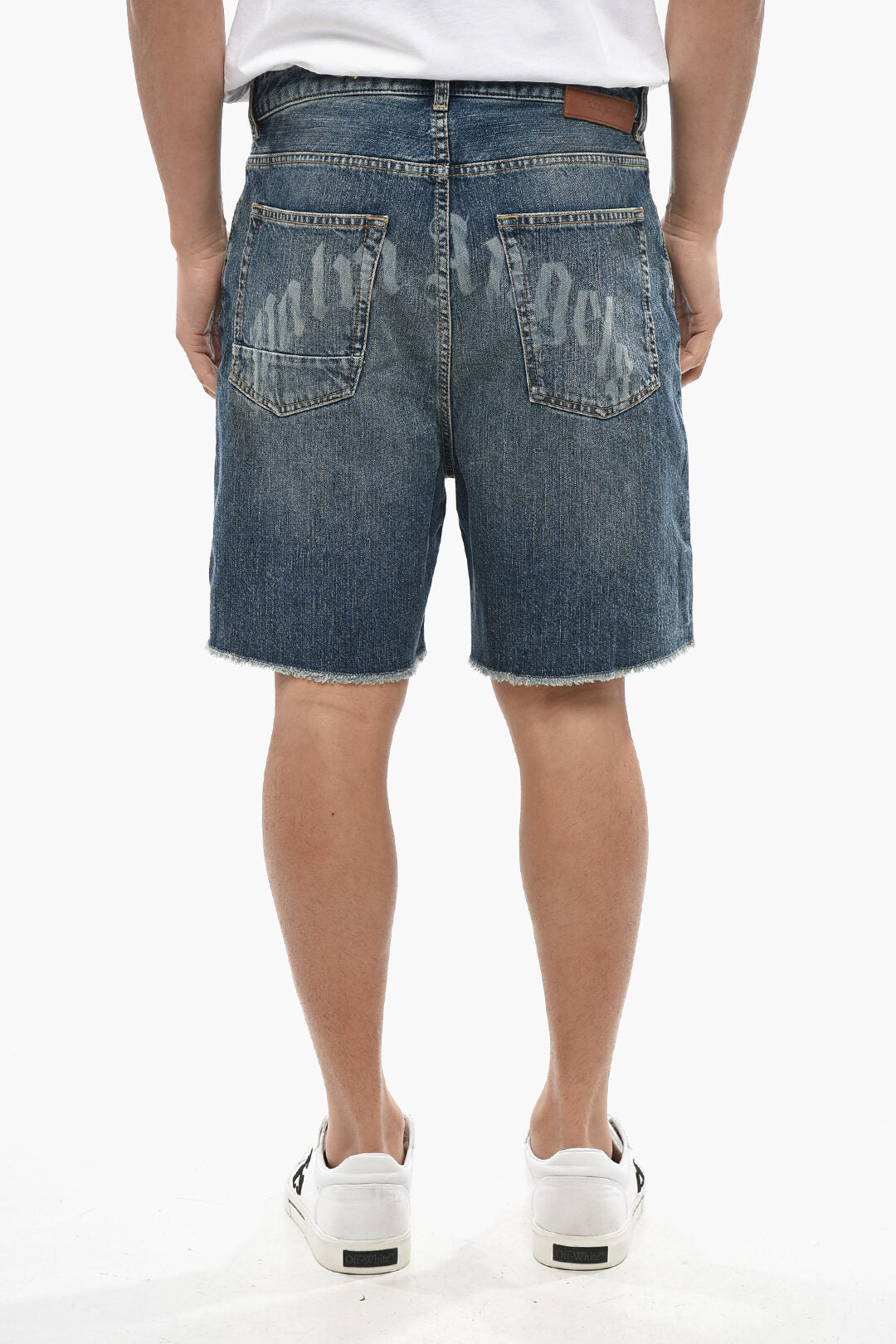 Palm Angels 0201~Denim Shorts with Frayed Hem and Curved Logo on Back, view 2