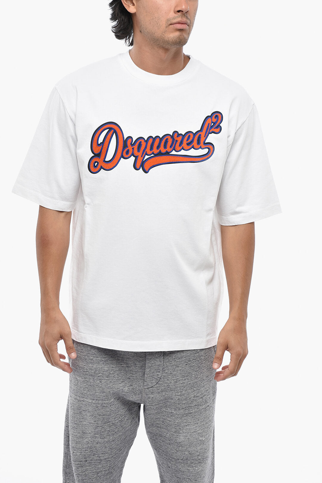 Dsquared2 0405~Cotton Crewneck T-Shirt With Sponge-Effect Logo