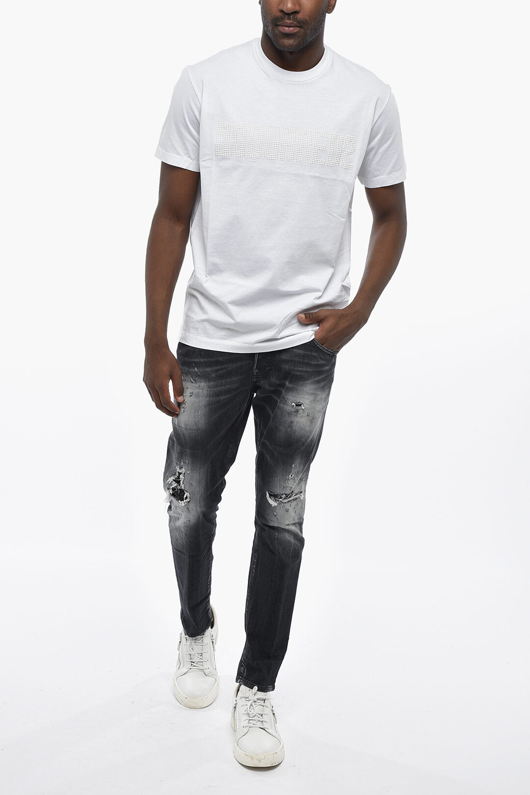 Dsquared2 0405~Crew Neck T-Shirt COOL FIT Solid Color With Embossed Logo
